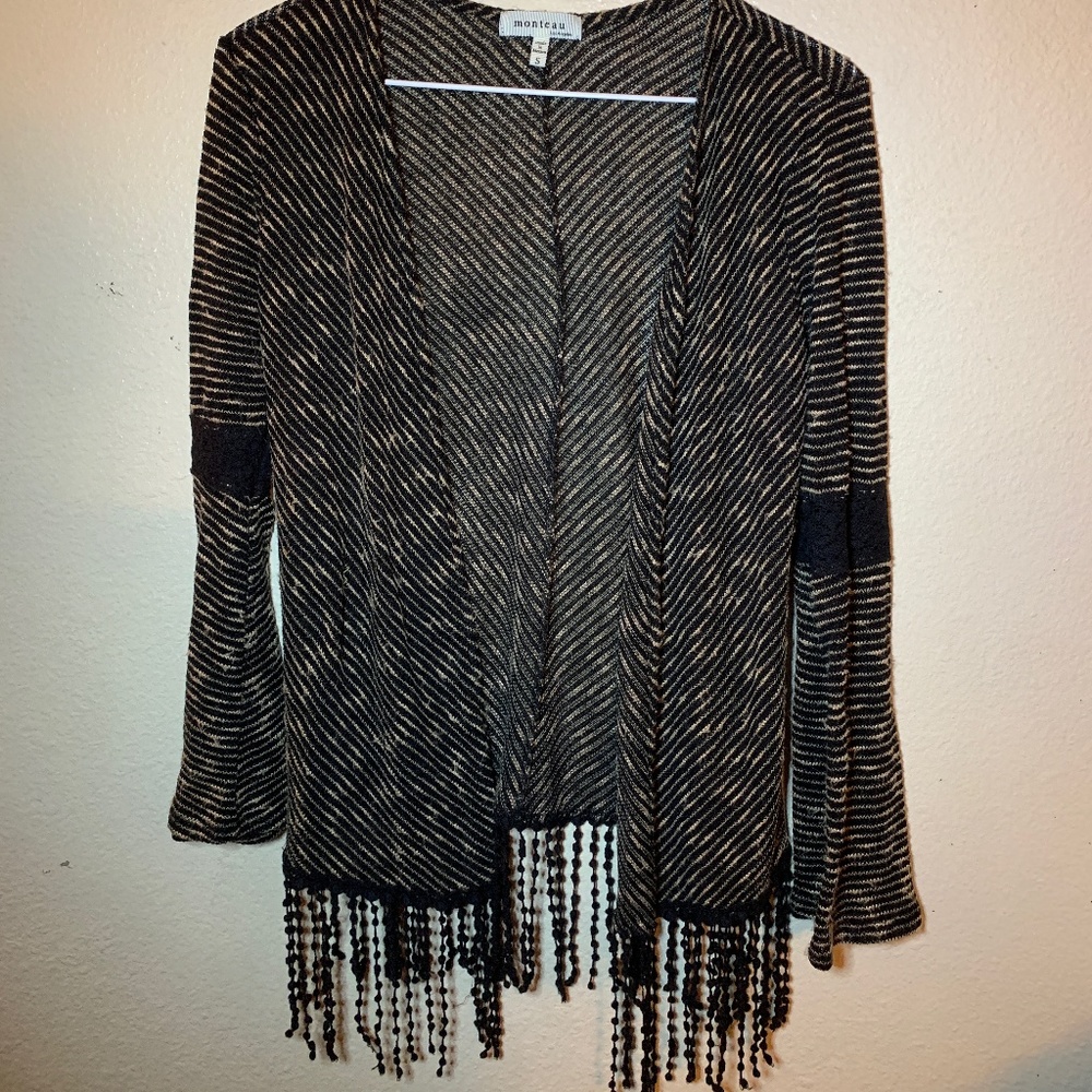 Striped Cardigan w Lace Detail and Fringe